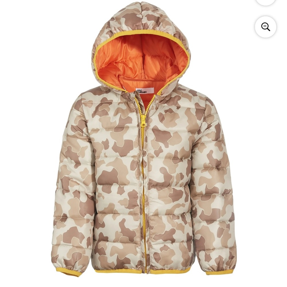 Epic Threads Camouflage Puffer Jacket with Orange Lining